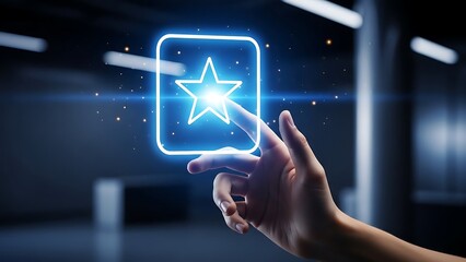 hand interacting Hand touching glowing blue star icon on digital screen in dark room with neon lights  modern technology concept