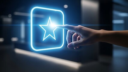 hand interacting Hand touching glowing blue star icon on screen in dark room with blurred background