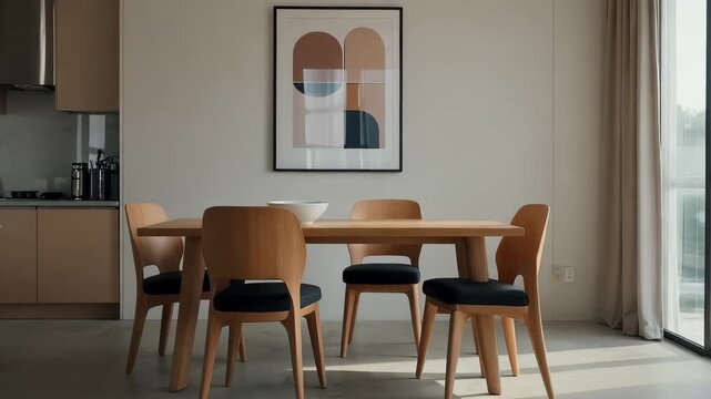 Modern dining area with wooden table and chairs in a simple kitchen setting during daytime
