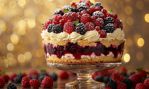Delicious Berry Trifle Dessert with Whipped Cream and Fresh Fruits on a Festive Golden Background.