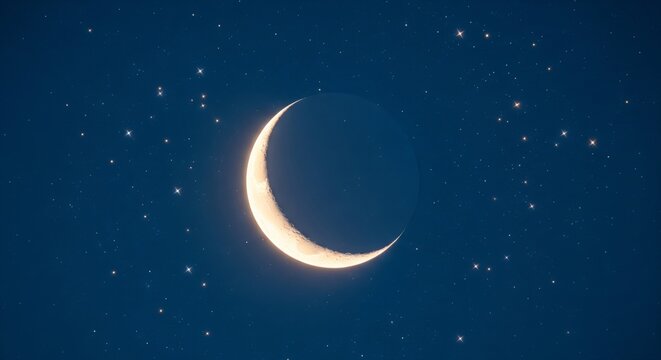 Glowing Crescent Moon in Night Sky with Scattered Stars