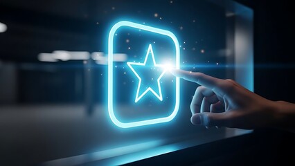 hand interacting hand touching glowing blue star icon on screen with finger  digital interface and technology concept