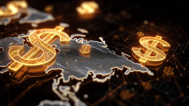 Glowing golden dollar signs on a dark background with a blurred map outline, conveying a sense of finance and commerce with a warm and modern mood.