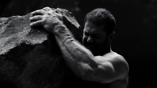 Strongman lifts large rock in outdoor training session at forest location during afternoon