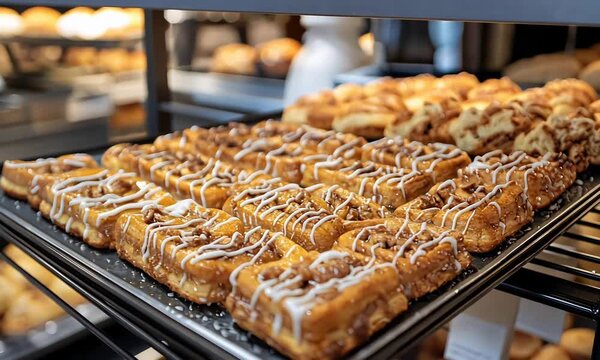 Delicious Freshly Baked Cinnamon Rolls Drizzled with Sweet Icing and Nuts on a Bakery Display Shelf.