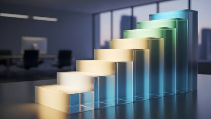 Abstract glowing bar graph illuminated in a modern office space with city view
