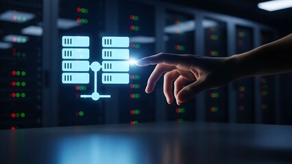 hand interacting hand touching glowing digital flowchart on table in server room with rows of computer servers in background  modern technology concept