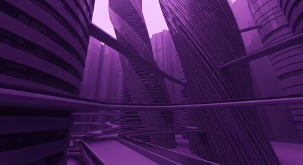 Futuristic cityscape features towering architectural structures connected by elevated pathways under a monochromatic purple sky