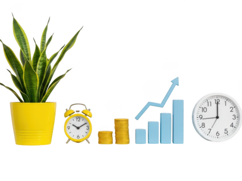 Snake plant, coins, alarm clock, and growth chart on transparent background - Powered by Adobe
