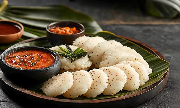 Delicious South Indian Idli with Sambar and Chutney Served on a Traditional Banana Leaf.