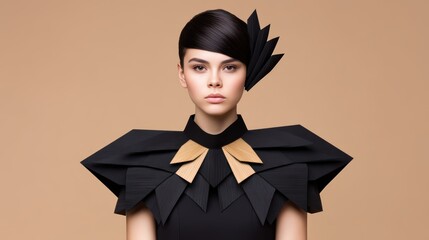 A model showcases a striking avant-garde fashion design with architectural elements, featuring bold black textures and angular shapes set against a neutral background.