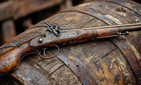 Detailed View of an Engraved Flintlock Pistol on an Old Rustic Wooden Barrel for Historical Themes.