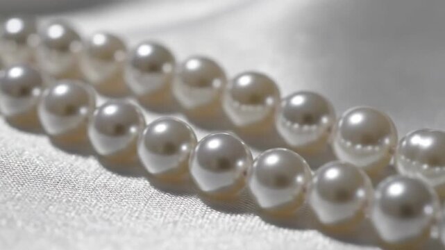 Elegant and Shiny Pearls on Soft Textured Fabric Background