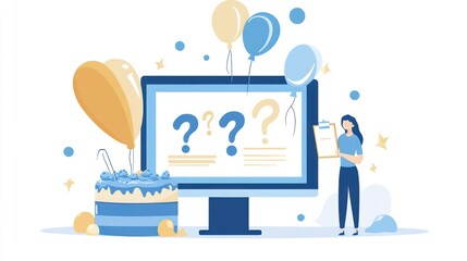 Celebrating Question Marks, Woman Holding Clipboard, Birthday Cake, Balloons, Computer