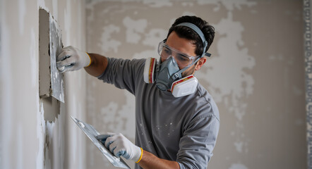Man plastering a drywall in a home renovation project. Professional construction worker wearing a respirator mask and safety goggles. Drywall finishing and wall repair concept