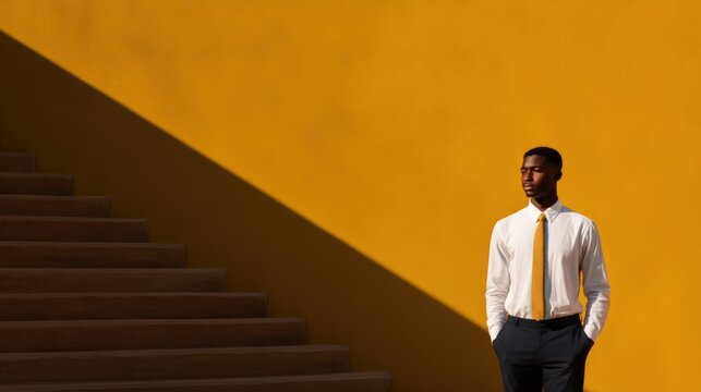 A stylish man in formal attire stands against a vibrant yellow wall, complemented by dramatic shadows from steps, creating a striking visual contrast.