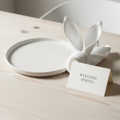 Elegant spring table setting with bunny napkin and welcome card