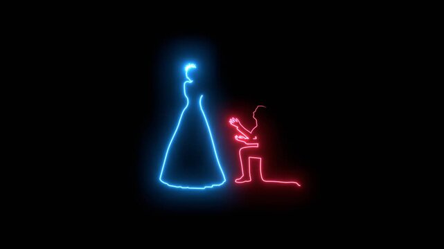 Man in prayer pose. Neon glowing. Man asking woman to marry him.