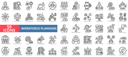 workforce planning icon set outline style illustration. containing talent acquisition, analysis, skills gap, succession planning, employee retention, optimization, labor forecasting, strategic hiring