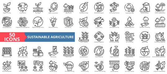 sustainable agriculture icon set outline style illustration. containing organic farming, crop rotation, soil health, water conservation, agroforestry, renewable energy, biodiversity, eco-friendly
