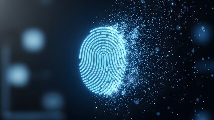 a glowing blue fingerprint with particles flying off