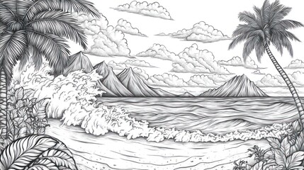 Tropical beach scene, line art illustration. Possible use Stock photo for travel, nature, or design purposes