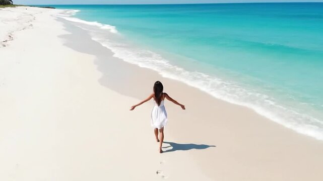 Young woman in white dress walking on a pristine white sand beach with turquoise ocean waves.