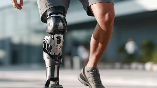 Active athlete running using advanced prosthetic leg
