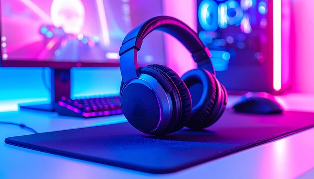 A gaming setup featuring headphones, peripherals, and computer components with vibrant, colorful lighting