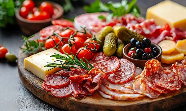 Gourmet Charcuterie Board with Sliced Meats, Artisan Cheese, Fresh Tomatoes, and Olives.