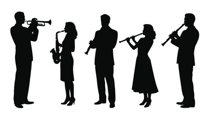 Naklejka premium Silhouettes of musicians playing various instruments in formal attire