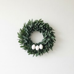 Elegant eucalyptus wreath with white eggs on plain white background