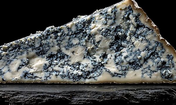 Intense Close up of Gourmet Blue Cheese Delicacy Revealing Creamy Texture and Blue Mold Patterns.