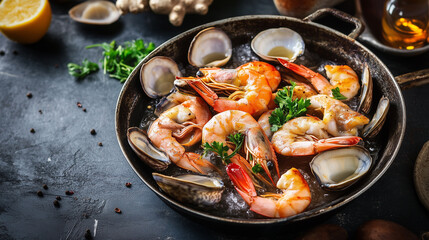 grilled seafood.  seafood dish on a black background