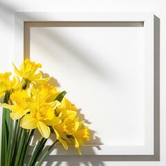 Vibrant yellow daffodils in white frame on white background