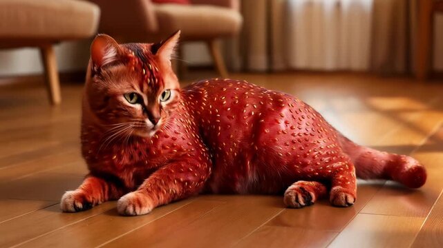 Cat with strawberry fur texture lounging in sunbeam on wooden floor. Realistic whimsical playful commercial.
