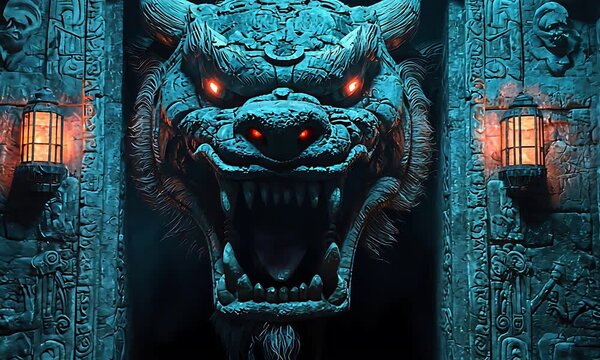 Mythical Creature Stone Sculpture with Fiery Eyes Guarding an Ancient Ruin Entrance.