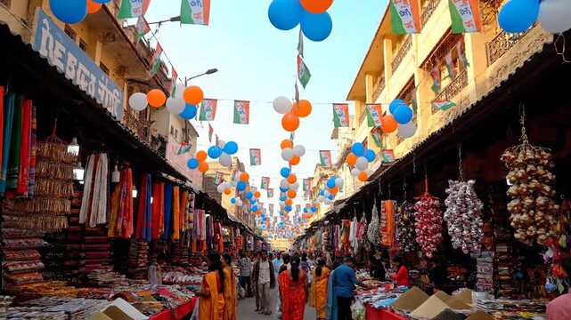Lively Indian Street Market Bazaar Decorated with National Flags and Balloons