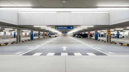 A spacious and well-lit indoor parking garage with multiple levels and rows of parking spaces