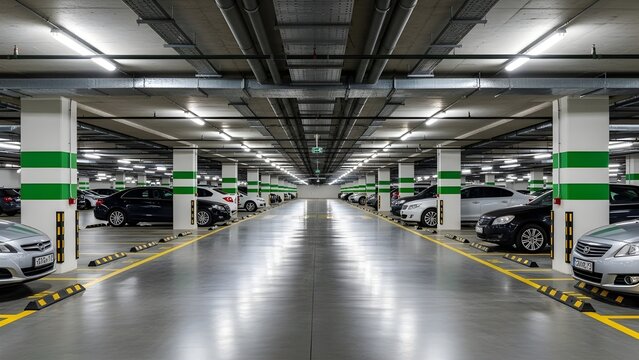A well-lit multi-level parking garage with rows of cars parked in an organized and secure environment