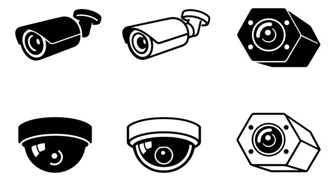 Solid and line art security camera icons set featuring various bullet and dome models for surveillance and protection