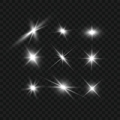Realistic White Glowing Lens Flares and Sparkle Stars Set on Transparent Background. Vector
