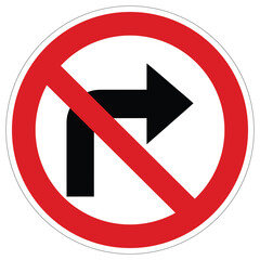 Regulatory sign with a black arrow indicating a right turn, crossed out to signify no turning right
