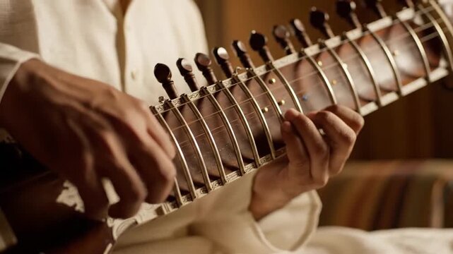 Indian Musician Playing Traditional Sitar Instrument Close Up