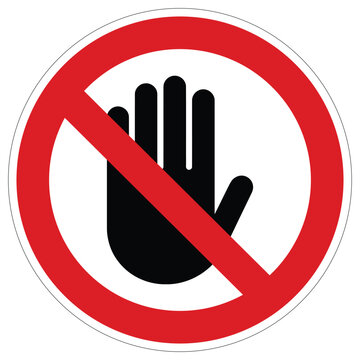 Universal red circle prohibition symbol with a striking black hand indicating a stop or no entry gesture