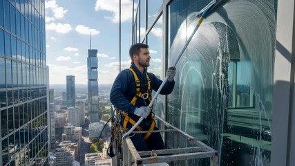 Man window cleaner on a scaffold applying soap to a skyscraper window, high rise building maintenance cleaning service