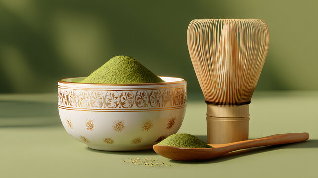  Fine green matcha powder; matcha in a cup,  bamboo whisk (chasen) and bamboo spoon (chashaku) placed neatly clear and empty for packaging; soft directional light.