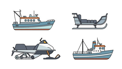 Collection of diverse vehicles including a pleasure boat a snowmobile a sled and a fishing vessel for transportation and recreation themes © Jonmart