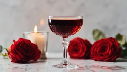 Dark crimson beverage rests in an elegant stemmed glass beside vibrant red roses and a softly glowing candle.