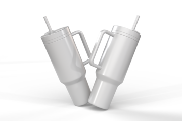 Steel thermo tumbler mockup with handle and straw isolated on background, reusable drinkware tumbler for sublimation, beverage branding marketing. Realistic portable insulated cup, cold drink thermos